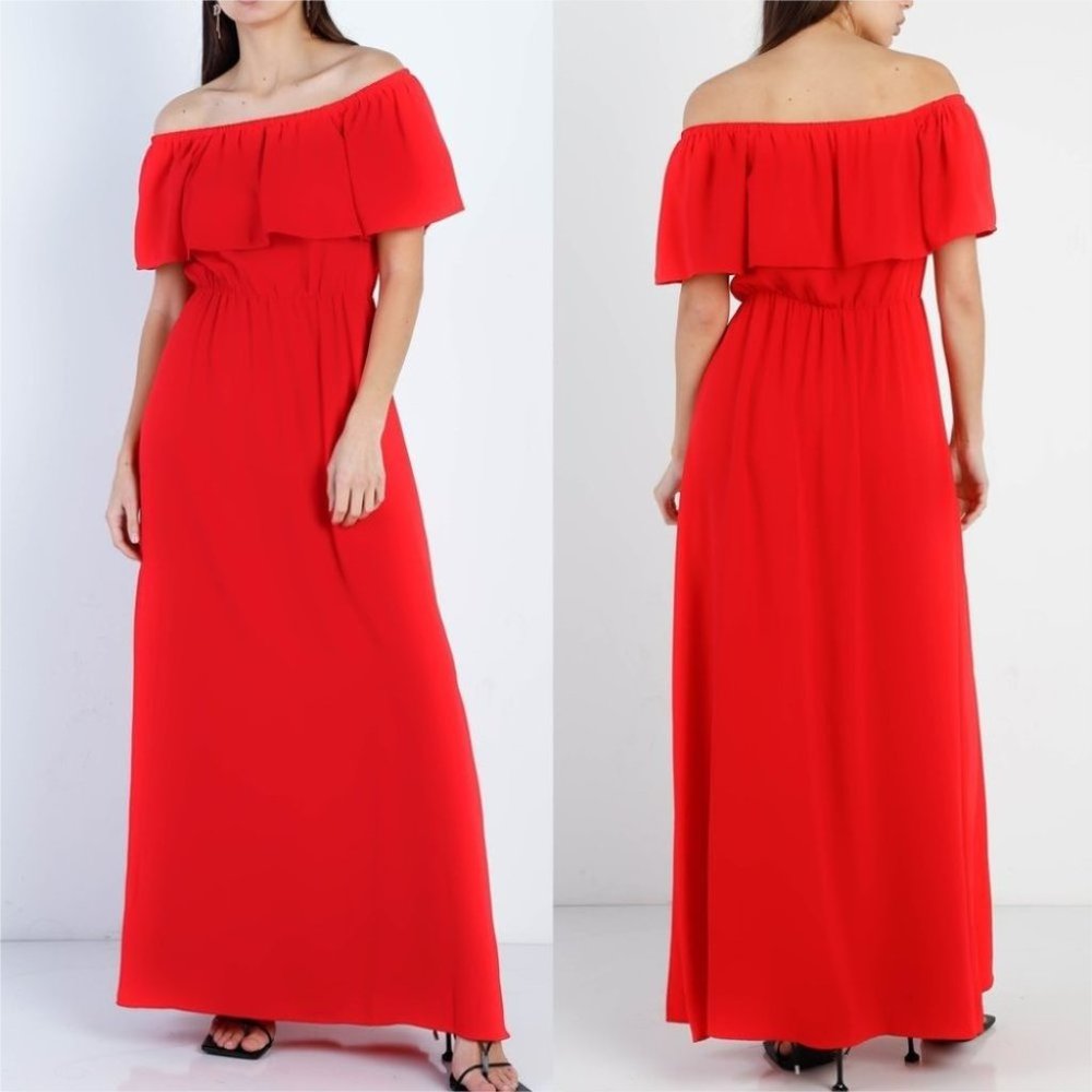 Off Shoulder Ruffle Maxi Dress RED - Picture 1 of 5